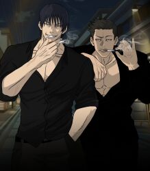  2boys bara bboana00 black_eyes black_hair black_shirt city cowboy_shot facial_hair fushiguro_touji grin hand_in_pocket highres jujutsu_kaisen looking_at_viewer male_focus multiple_boys muscular muscular_male mustache_stubble night outdoors pectoral_cleavage pectorals road shirt shiu_kong short_hair smile smoke street stubble teeth veins 