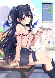  absurdres black_hair black_socks blue_hair blue_horns blue_tail blurry blurry_background blush breasts cellphone choker demon_girl demon_horns demon_tail demon_wings ear_piercing female gradient_horns gradient_tail gradient_wings hair_between_eyes highres holding holding_phone horns ichinose_uruha kiiro_(cocoa080) long_hair long_sleeves looking_at_viewer medium_breasts multicolored_hair multicolored_horns multicolored_wings off-shoulder_shirt off_shoulder outdoors phone piercing pink_eyes purple_eyes shirt sitting smartphone socks solo streaked_hair tail thigh_strap virtual_youtuber vspo! wings 