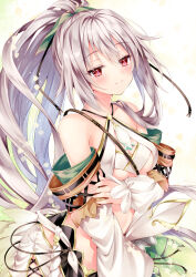  arm_under_breasts bare_shoulders breasts closed_mouth commission cowboy_shot criss-cross_halter detached_sleeves eyelashes eyes_visible_through_hair female flower_knight_girl green_background green_ribbons grey_hair hair_between_eyes hair_over_shoulder hair_ribbon halterneck long_hair long_sleeves looking_at_viewer medium_breasts narukoyuri_(flower_knight_girl) nogi_takayoshi ponytail red_eyes ribbon sidelocks simple_background skeb_commission smile solo split_mouth tsurime underboob very_long_hair wide_sleeves 