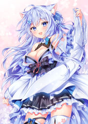  :d ahoge animal_ear_fluff animal_ears bare_shoulders black_bow black_dress blue_eyes blue_flower blue_hair blush borrowed_character bow breasts cat_ears cat_girl cherry_blossom_print cleavage cleavage_cutout clothing_cutout commission cowboy_shot dress dress_bow eyelashes female floating_hair floral_print flower frilled_dress frills hair_flower hair_ornament happy large_breasts long_hair long_sleeves looking_at_viewer nogi_takayoshi open_mouth original pink_background plaid_bow pleated_dress short_dress skeb_commission sleeveless sleeveless_dress sleeves_past_wrists smile solo tsurime two_side_up very_long_hair wide_sleeves zettai_ryouiki 