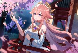  animal_ears bare_shoulders breasts cherry_blossoms detached_sleeves falling_petals female floating_hair flower fox_ears fox_girl genshin_impact hair_between_eyes hand_up highres japanese_clothes long_hair long_sleeves looking_to_the_side miko miyanami_3 outdoors parted_lips petals pink_flower pink_hair purple_eyes sideboob smile wide_sleeves yae_miko 