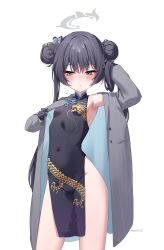  absurdres black_dress black_gloves black_hair blue_archive blush breasts china_dress chinese_clothes closed_mouth coat commentary_request double_bun dragon_print dress female gloves grey_coat grey_eyes grey_halo hair_bun halo highres kisaki_(blue_archive) long_hair looking_to_the_side open_clothes open_coat print_dress simple_background small_breasts solo taiyaki12 thighs twintails white_background 