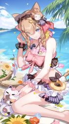  animal_ear_fluff animal_ears artist_request bare_legs bare_shoulders beach bikini black_bikini blue_eyes blue_sky bow bowtie braid breasts brown_hair can_(honkai_impact) cat_ears cat_girl cat_tail feet_out_of_frame feline female flower frilled_bikini frills green_eyes heterochromia highres honkai_(series) honkai_impact_3rd looking_at_viewer lying medium_breasts midriff ocean official_art pardofelis pardofelis_(midsummer_collector) parted_lips pink_bow pink_bowtie sand scrunchie short_hair sitting sky summer sunflower swimsuit tail teeth twin_braids wariza wrist_scrunchie 