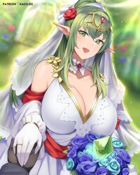  1other bare_shoulders breasts bridal_veil cleavage dress female fire_emblem fire_emblem_awakening fire_emblem_heroes flower green_eyes green_hair highres holding_hands huge_breasts kaos_art long_hair looking_at_viewer official_alternate_costume open_mouth pointy_ears ponytail pov tiara tiki_(adult)_(bridal)_(fire_emblem) tiki_(adult)_(fire_emblem) tiki_(fire_emblem) veil wedding_dress white_dress 