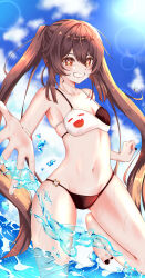  absurdres beach bikini black_nails blue_sky blush boo_tao_(genshin_impact) breasts brown_bikini brown_hair female flower-shaped_pupils genshin_impact hair_between_eyes highres hu_tao_(genshin_impact) long_hair looking_at_viewer midriff multicolored_bikini multicolored_clothes navel ocean orange_eyes sky small_breasts smile solo stomach swimsuit symbol-shaped_pupils takane_pato teeth twintails very_long_hair white_bikini 