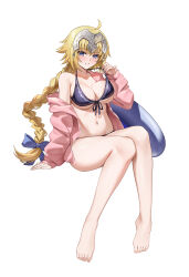  absurdres ahoge barefoot bikini blonde_hair blue_bow blue_eyes blush bow braid braided_ponytail breasts commentary fate/apocrypha fate/grand_order fate_(series) female hairbow headpiece highres innertube invisible_chair jacket jeanne_d&#039;arc_(fate) large_breasts long_hair looking_at_viewer pink_jacket purple_bikini shenqi_xiao_hong_zai_nali simple_background sitting smile solo swim_ring swimsuit very_long_hair white_background 