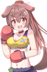  :d absurdres animal_ears bare_shoulders blue_shorts bone_hair_ornament boxing_gloves breasts brown_hair cartoon_bone character_name cleavage clothes_writing commentary_request dog_ears dog_girl dog_tail female hair_between_eyes hair_ornament highres hololive inugami_korone medium_breasts navel ponytail red_eyes shorts simple_background smile solo stomach tail umberblack v-shaped_eyebrows virtual_youtuber white_background 