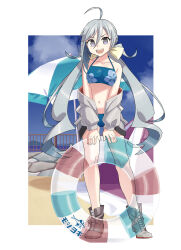  ahoge beach_umbrella bikini blue_bikini blue_sky boots cloud commentary_request cross-laced_footwear female floral_print grey_eyes grey_hair grey_jacket hair_between_eyes hair_bun highres innertube jacket kantai_collection kazh_(kazu) kiyoshimo_(kancolle) kiyoshimo_kai_ni_(kancolle) kiyoshimo_kai_ni_(swimsuit_mode)_(kancolle) lace-up_boots long_hair low_twintails navel official_alternate_costume open_mouth railing round_teeth sky smile solo standing swim_ring swimsuit teeth twintails umbrella upper_teeth_only 