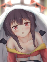  :o all_fours bat_wings black_hair blanket blush breasts collarbone downblouse dress extended_downblouse female highres indoors kono_subarashii_sekai_ni_shukufuku_wo! looking_at_viewer megumin mos_(msmosmasa) navel no_bra oerba_yun_fang off-shoulder_dress off_shoulder pov red_dress red_eyes short_hair_with_long_locks small_breasts solo_focus under_covers wings 