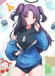  black_shirt blue_archive blue_buruma blue_eyes blue_jacket blush breasts buruma doodle_sensei_(blue_archive) female gym_uniform halo jacket long_hair looking_at_viewer mechanical_halo official_alternate_costume purple_eyes purple_hair sensei_(blue_archive) shirt short_sleeves solo sticker_on_face track_jacket undreaming yuuka_(blue_archive) yuuka_(track)_(blue_archive) 