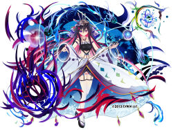  2013 amatsu_mikaboshi_(sennen_sensou_aigis) awakening_(sennen_sensou_aigis) bare_shoulders black_garter_straps black_hair black_nails bracelet clothes_down colored_inner_hair commentary company_name copyright_notice crop_top diffraction_spikes female fire floating_hair full_body garter_straps gradient_hair hair_between_eyes hair_ornament halterneck hand_on_own_knee headpiece heterochromia holding holding_wand jewelry kisaragi_yuu_(kisaragiyu) long_hair looking_at_viewer magatama magatama_necklace meteor multicolored_hair multicolored_robe necklace official_art okobo open_clothes open_robe orb purple_eyes purple_hair pyrokinesis red_eyes red_hair robe sandals sennen_sensou_aigis solo standing thighhighs veil very_long_hair wand white_background white_robe white_thighhighs wide_sleeves 