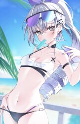  absurdres alternate_costume bare_shoulders beach bikini black_bikini blue_sky breasts cleavage commentary cowboy_shot drill_hair female food food_in_mouth goggles goggles_on_head grey_eyes grey_hair highres holding holding_phone honkai:_star_rail honkai_(series) long_hair mizupuruta multi-strapped_bikini_bottom navel ocean phone popsicle popsicle_in_mouth sand silver_wolf_(honkai:_star_rail) sky small_breasts solo stomach summer_uniform swimsuit thighs white_bikini 