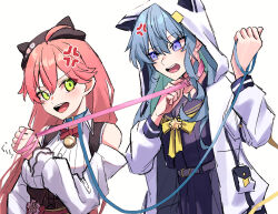  2girls a-rufu ahoge anger_vein blue_eyes blue_hair earrings green_eyes highres holding holding_leash hololive hood hoshimachi_suisei hoshimachi_suisei_(school_uniform) jewelry leash micomet_(hololive) multiple_girls official_alternate_costume pink_hair sailor_collar sailor_shirt sakura_miko sakura_miko_(casual) shirt yuri 