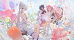  3girls absurdres ahoge balloon bare_shoulders blue_eyes blue_sky breasts cake chair cloud cloudy_sky crossed_legs cupcake dress elf elysia_(herrscher_of_human:_ego)_(honkai_impact) elysia_(honkai_impact) food full_body high_heels highres honkai_(series) honkai_impact_3rd horns indoors jewelry kiana_kaslana kiana_kaslana_(herrscher_of_flamescion) legs long_hair looking_at_viewer macaron modare multiple_girls official_art pink_eyes pink_hair pointy_ears ponytail purple_eyes purple_hair raiden_mei raiden_mei_(herrscher_of_thunder) sitting sky smile strapless strapless_dress white_dress white_hair window 