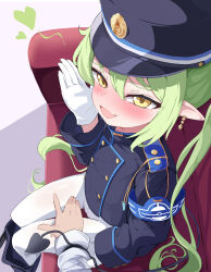  1boy 5s0n9 absurdres armband black_hat black_jacket blue_archive blue_armband blush buttons clothes_pull commentary_request demon_tail double-breasted female gloves grabbing_another&#039;s_arm green_hair hair_between_eyes hand_up hat heart highres jacket long_hair long_sleeves looking_at_viewer nozomi_(blue_archive) oerba_yun_fang open_mouth pantyhose peaked_cap pointy_ears sensei_(blue_archive) shorts shorts_pull sitting skin_fang smile solo_focus tail tail_wrap twintails white_gloves white_pantyhose yellow_eyes 