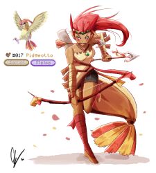  arrow_(projectile) black_shorts bow_(weapon) character_name commentary endifi facepaint female full_body holding holding_arrow holding_bow_(weapon) holding_weapon long_hair mouth_hold native_american personification pidgeotto pokemon pokemon_(creature) red_hair reference_inset shorts signature simple_background weapon white_background 