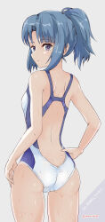  absurdres alice_gear_aegis ass blue_eyes blue_hair breasts competition_swimsuit female from_behind grey_background hand_on_own_hip highres looking_at_viewer looking_back medium_hair one-piece_swimsuit ponytail rasen_manga simple_background small_breasts solo swimsuit takanashi_rei twintails two-tone_swimsuit white_one-piece_swimsuit 