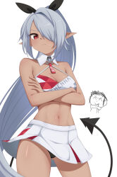  1boy absurdres ass_visible_through_thighs bare_shoulders black_panties black_tail blue_archive blush breasts can&#039;t_be_this_cute cheerleader cleavage closed_mouth crop_top crossed_arms dark-skinned_female dark_skin demon_tail doodle_sensei_(blue_archive) english_commentary female grey_hair hair_over_one_eye hair_ribbon halo highres iori_(blue_archive) long_hair looking_at_viewer millennium_cheerleader_outfit_(blue_archive) navel panties pointy_ears red_eyes ribbon sensei_(blue_archive) simple_background skirt stryx tail underwear very_long_hair white_background white_skirt 