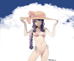  bikini black_hair blue_sky braid brown_eyes brown_hat cloud female grin hashtag-only_commentary hat highleg highleg_bikini highres kantai_collection kitakami_(kancolle) long_hair navel pink_bikini side-tie_bikini_bottom signature single_braid sky smile solo sun_hat swimsuit tada_(tactical_tada) 