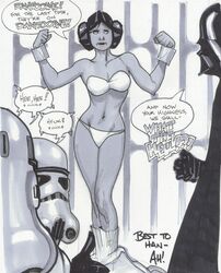  a_new_hope adam_hughes bare_arms bare_legs bare_shoulders bare_thighs belly belly_button black_and_white bra captive captured carrie_fisher commission darth_vader exposed exposed_shoulders exposed_torso interrogation legs panties princess_leia_organa restrained sci-fi science_fiction speech_bubble standing star_wars stormtrooper underwear underwear_only white_underwear 