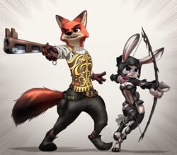  2016 absurd_res anthro armor arrow_(weapon) balthier belt black_nose bow_(weapon) brown_body brown_fur canid canine clothed clothing cosplay crossover crossover_cosplay digital_media_(artwork) dipstick_tail disney duo fangs female final_fantasy final_fantasy_xii footwear fox fran_(final_fantasy) fully_clothed fur green_eyes grey_body grey_fur gun headgear helmet hi_res holding_gun holding_object holding_ranged_weapon holding_weapon judy_hopps lagomorph leporid long_ears male mammal markings midriff multicolored_tail mykegreywolf nick_wilde purple_eyes rabbit ranged_weapon red_fox signature square_enix standing tail tail_markings teeth true_fox weapon zootopia 