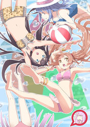  4girls :o anklet ball barefoot beachball bikini bikini_skirt black_hair blue_eyes blue_hair bracelet brown_eyes brown_hair commentary_request feet floating_hair front-tie_top hat highres jewelry long_hair multiple_girls navel noraico one-piece_swimsuit open_mouth original photoshop_(medium) pink_hair soles strap_gap sun_hat swimsuit twintails upside-down 