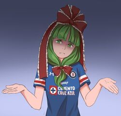  alternate_costume blunt_bangs bow commentary cruz_azul female frills front_ponytail green_eyes green_hair hair_ribbon hairbow head_tilt kagiyama_hina liga_mx looking_at_viewer mefomefo mexico ribbon shaded_face short_sleeves shrugging simple_background soccer soccer_uniform solo sportswear touhou under_armour w_arms 