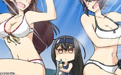  3girls bikini black_hair blush breasts brown_eyes brown_hair commentary cosplay dated emphasis_lines empty_eyes front-tie_bikini_top front-tie_top hamu_koutarou hatsushimo_(kancolle) headband highres kantai_collection kongou_(kancolle) long_hair medium_breasts multiple_girls navel official_alternate_costume one-piece_swimsuit out_of_frame purple_hair remodel_(kantai_collection) shaded_face short_hair swimsuit tenryuu_(kancolle) tenryuu_(swimsuit_mode)_(kancolle) water_gun white_bikini yamato_(kancolle) yamato_(kancolle)_(cosplay) 