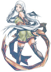  ass bad_id bad_pixiv_id bare_shoulders black_thighhighs breasts commentary_request cropped_legs detached_sleeves ei_(fran3bon) female from_behind gensou_suikoden gensou_suikoden_tierkreis grey_eyes grey_hair long_hair looking_at_viewer looking_back low_twintails marica_(suikoden_tierkreis) medium_breasts red_thighhighs robe sash sideboob solo thighhighs twintails very_long_hair white_background white_hair 