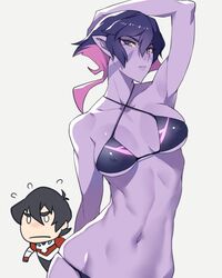  1boy arched_back arm_behind_head armpits ban!_(bansankan) bikini black_hair breasts collarbone colored_skin commentary covered_nipples facial_mark female frown highres keith_(voltron) krolia lips looking_at_viewer md5_mismatch mother_and_son multicolored_hair navel parted_lips purple_eyes purple_hair purple_skin simple_background swimsuit two-tone_hair voltron:_legendary_defender voltron_(series) wide_hips 