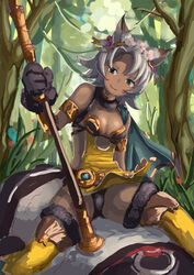  animal_ears animal_hands aqua_eyes armlet black_panties breasts cat_ears cat_paws cleavage commentary_request dark-skinned_female dark_skin erune feathers female flower forest granblue_fantasy greentanuki grey_hair melleau nature open_mouth panties pelvic_curtain riding short_hair small_breasts smile solo staff tree underwear 