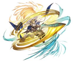  1boy armor armored_boots baotorda blonde_hair blue_eyes boots cape draph full_body gauntlets gloves granblue_fantasy horns male_focus minaba_hideo official_art open_mouth solo sword transparent_background weapon 