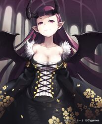  bad_id bad_pixiv_id breasts cleavage commentary_request demon_girl demon_wings female horns large_breasts len_(a-7) long_hair looking_at_viewer nightmare_(shingeki_no_bahamut) official_art pink_eyes pointy_ears purple_hair revision shingeki_no_bahamut smile solo watermark wings 