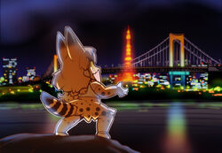  animal_ears blonde_hair bridge building chibi cityscape claws commentary elbow_gloves female gloves glowing glowing_eyes hisahiko jurassic_park kemono_friends night open_mouth outstretched_arms parody serval_(kemono_friends) serval_print shirt short_hair skirt sleeveless sleeveless_shirt solo spread_arms standing suspension_bridge tail the_lost_world:_jurassic_park thighhighs tokyo_(city) tokyo_tower yellow_eyes 