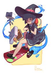  absurdres aircraft bag bag_charm black_soldier blue_eyes blue_hair book charm_(object) commentary_request constanze_amalie_von_braunschbank-albrechtsberger dress female gun h&amp;k_mp5k hat heckler_&amp;_koch highres holding holding_gun holding_weapon hoverboard little_witch_academia photoshop_(medium) robot school_bag solid_circle_eyes stanbot_(little_witch_academia) submachine_gun surfing weapon weapon_request witch_hat 