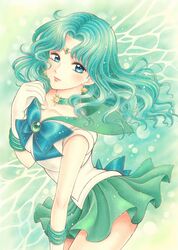  aqua_eyes aqua_hair back_bow bishoujo_senshi_sailor_moon bow choker commentary_request earrings female gloves green_background green_skirt green_theme jewelry jyan_borii kaiou_michiru long_hair magical_girl ribbon sailor_collar sailor_neptune sailor_senshi_uniform skirt smile solo tiara white_gloves 