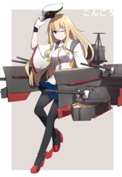  ;) absurdres bad_id bad_pixiv_id black_pantyhose blonde_hair blue_eyes blue_skirt female full_body gloves hat hat_tip highres kongou_(warship_girls_r) long_hair looking_at_viewer lulu_heika machinery miniskirt one_eye_closed pantyhose peaked_cap skirt smile solo warship_girls_r white_gloves wide_sleeves 