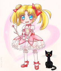  :3 artist_name bishoujo_senshi_sailor_moon black_cat blonde_hair blue_eyes bow bow_(weapon) commentary cosplay crossover double_bun feline female gloves hair_bun hair_ribbon kaname_madoka kaname_madoka_(cosplay) kaname_madoka_(magical_girl) kyuubee luna_(sailor_moon) magical_girl mahou_shoujo_madoka_magica mahou_shoujo_madoka_magica_(anime) next_lvl open_mouth red_bow red_eyes ribbon seguchi-sama sitting smile standing tsukino_usagi twintails weapon white_gloves 