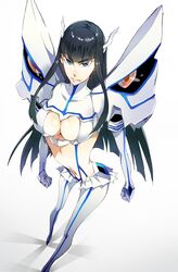  black_hair blue_eyes boots breasts cleavage cleavage_cutout clenched_hands clothing_cutout commentary_request elbow_gloves female gloves junketsu kill_la_kill kippeijii kiryuuin_satsuki large_breasts long_hair microskirt navel photoshop_(medium) revealing_clothes skirt solo suspenders thick_eyebrows thigh_boots thighhighs 