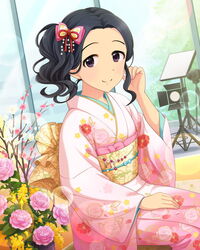  alternate_hairstyle artist_request black_eyes black_hair egami_tsubaki female idolmaster idolmaster_cinderella_girls japanese_clothes kimono official_art pink_kimono side_ponytail solo 