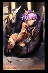  amei_sumeru armor bad_id bad_pixiv_id bare_shoulders between_legs black_border black_footwear black_gloves boots border breasts brown_thighhighs closed_mouth commentary_request company_name covered_navel crack eyebrows eyelashes fantasica female gauntlets gloves hair_between_eyes hairband highres holding horns kneeling large_breasts leotard official_art see-through shade short_hair sideboob sleeveless solo tail thigh_boots thighhighs yellow_eyes 