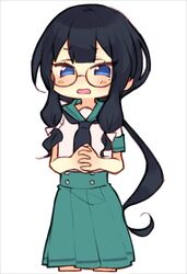  bad_id bad_twitter_id black_hair black_necktie blue_eyes chibi commentary_request cowboy_shot female green_sailor_collar green_skirt half-closed_eyes highres interlocked_fingers long_hair mole mole_under_eye mozu_1oo necktie original own_hands_together pleated_skirt round_eyewear sailor_collar school_uniform serafuku shirt short_sleeves simple_background skirt solo standing white_background white_shirt 