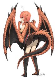  ? animal_ears ass barefoot black_panties blush brown_skirt claws clothes_lift commentary_request dragon_girl dragon_tail dragon_wings female full_body highres hitokuirou lifted_by_tail lifting_own_clothes looking_at_viewer looking_back monster_girl orange_hair original pale_skin panties pleated_skirt red_eyes scales short_hair signature simple_background skirt skirt_lift solo solo_vivace_(hitokuirou) standing tail underwear wardrobe_error white_background wings 