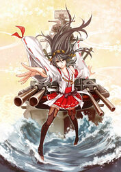  absurdres bare_shoulders battleship black_hair black_thighhighs blush breasts brown_eyes brown_hair cannon commentary_request detached_sleeves female hair_ornament hairband haruna_(battleship) haruna_(kancolle) highres historical_name_connection iyokamioto japanese_clothes kantai_collection lips long_hair medium_breasts military military_vehicle name_connection object_namesake photoshop_(medium) radar radio ship skirt smile solo thighhighs turret vehicle_and_personification warship water watercraft 