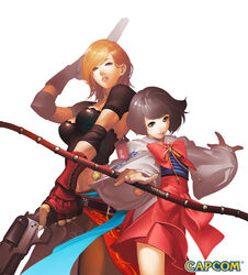  2girls belt black_hair blonde_hair bow_(weapon) breasts brown_eyes commentary_request dual_wielding elbow_pads fingerless_gloves flat_chest gloves gun handgun holding japanese_clothes long_hair multiple_girls obi photoshop_(medium) revolver saika_magoichi_(sengoku_basara) sash sengoku_basara sengoku_basara_3 short_hair shoulder_pads tomoyuki_kotani tsuruhime_(sengoku_basara) weapon wide_sleeves yellow_eyes 