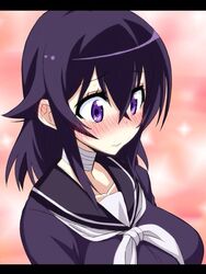  bandages black_hair blush breasts commentary_request female konohana_enishi large_breasts letterboxed neckerchief original purple_eyes school_uniform sengoku_aky serafuku smile solo sweat wavy_mouth 