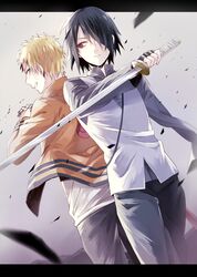  2boys amputee bandaged_arm bandages black_hair blonde_hair blue_eyes chokutou commentary_request hair_over_one_eye highres male_focus multiple_boys naruto naruto_(series) noka_(blackheart1118) red_eyes sharingan sword uchiha_sasuke uzumaki_naruto weapon 