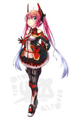  :o bare_shoulders black_gloves black_legwear blue_eyes blue_hair boots breasts clothing_cutout commentary female full_body gloves hair_between_eyes headgear highres long_hair long_sleeves looking_at_viewer multicolored_hair necktie open_mouth original parted_lips patton_(cross-bones-t) pink_hair pointy_ears shirt shoulder_cutout simple_background skirt small_breasts solo standing streaked_hair two-tone_hair white_background wide_sleeves 