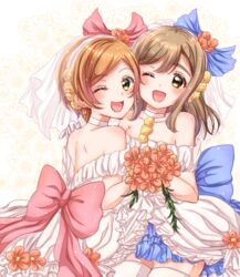  2girls ;d blue_ribbon brown_eyes brown_hair commentary_request dress eneco flower highres hoshizora_rin in-franchise_crossover kunikida_hanamaru love_live! love_live!_school_idol_project love_live!_sunshine!! love_wing_bell matching_outfits multiple_girls one_eye_closed open_mouth orange_hair red_ribbon ribbon smile wedding_dress white_background yellow_eyes 