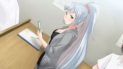  ahoge artist_request breasts cellphone cleavage dutch_angle female hair_ornament high_ponytail indoors kawasaki_saki long_hair medium_breasts mole mole_under_eye phone ponytail scrunchie silver_hair very_long_hair yahari_ore_no_seishun_lovecome_wa_machigatteiru. 